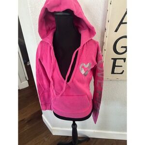 Y2K Pink Victoria's Secret Hot Pink V-Neck Hoodie Rhinestone Love Pink XS